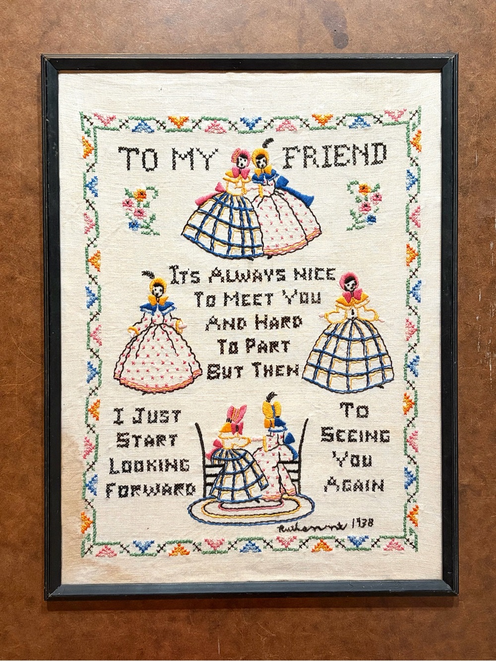 Antique/Vtg 1938 Hand-Stitched Friendship Cross Stitch Sampler -Signed Ruthanne